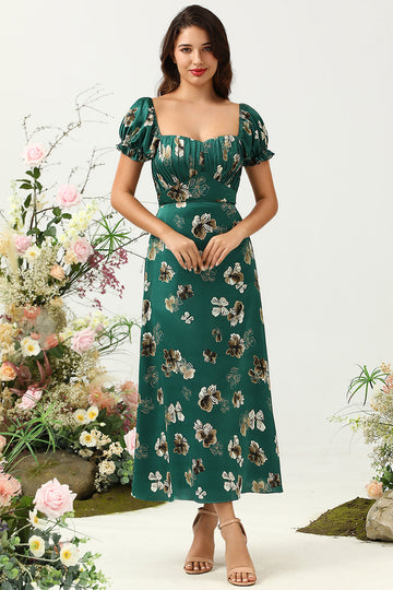 Dark Green A Line Off The Shoulder Floral Print Satin Boho Wedding Party Dress